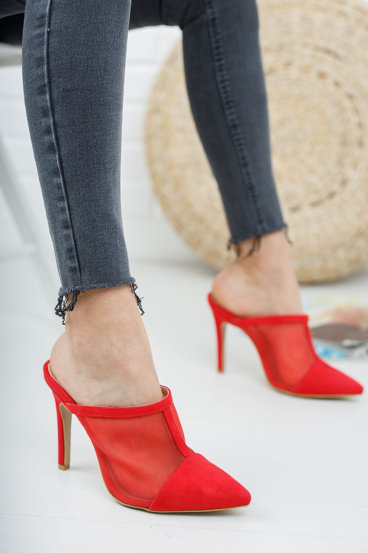 Image of Women's Mesh Detail Red Suede Heeled Slippers