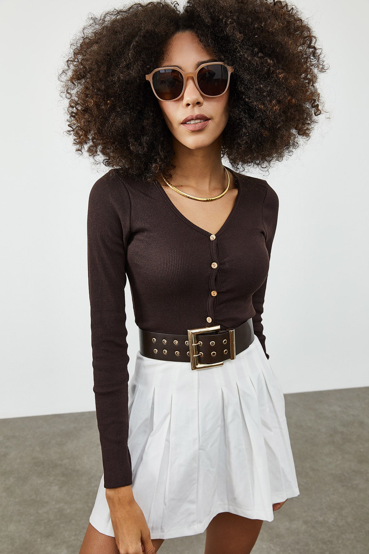 Image of Women's Button Brown Rib Blouse