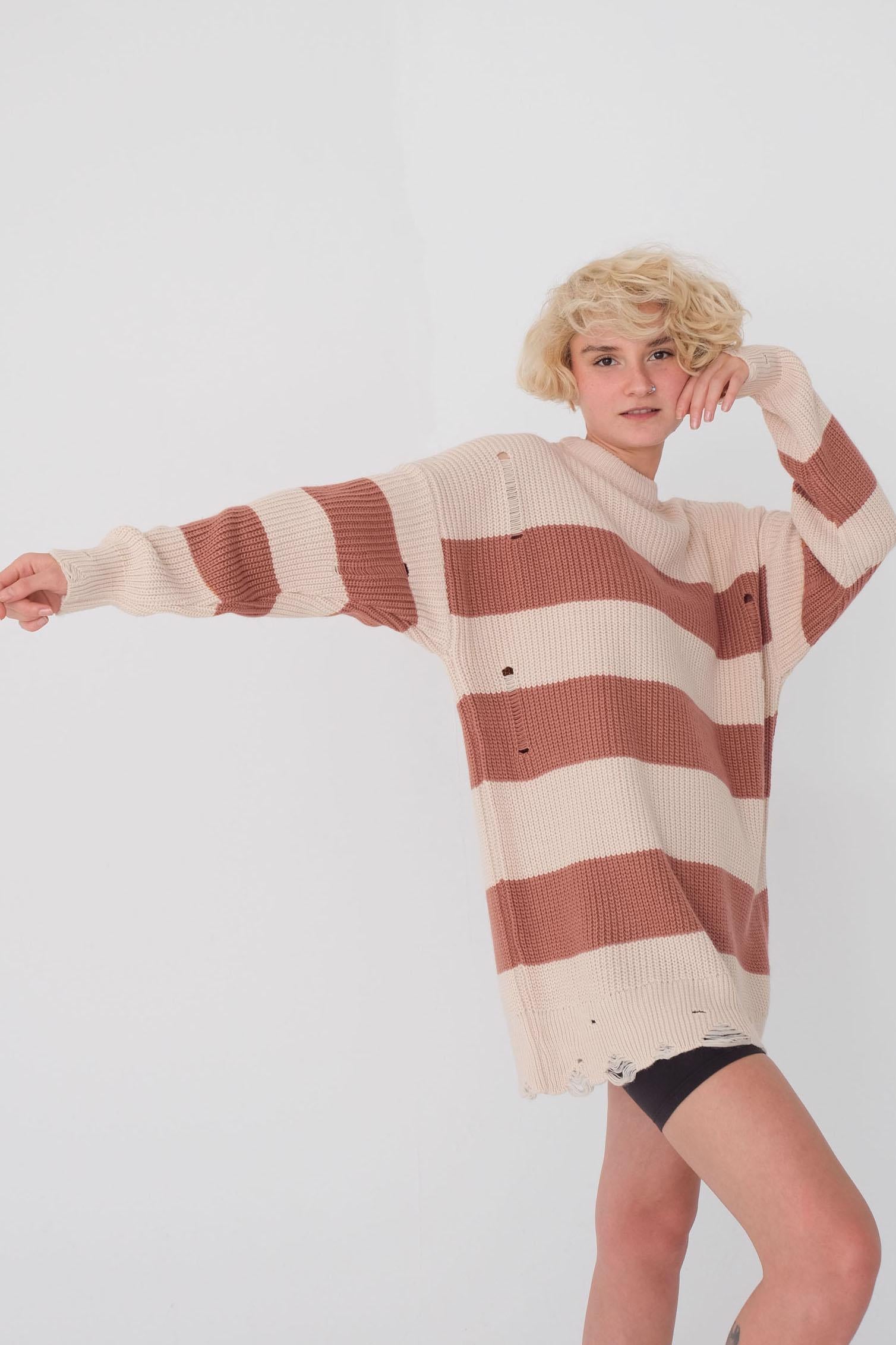 Image of Women's Striped Beige - Camel Sweater