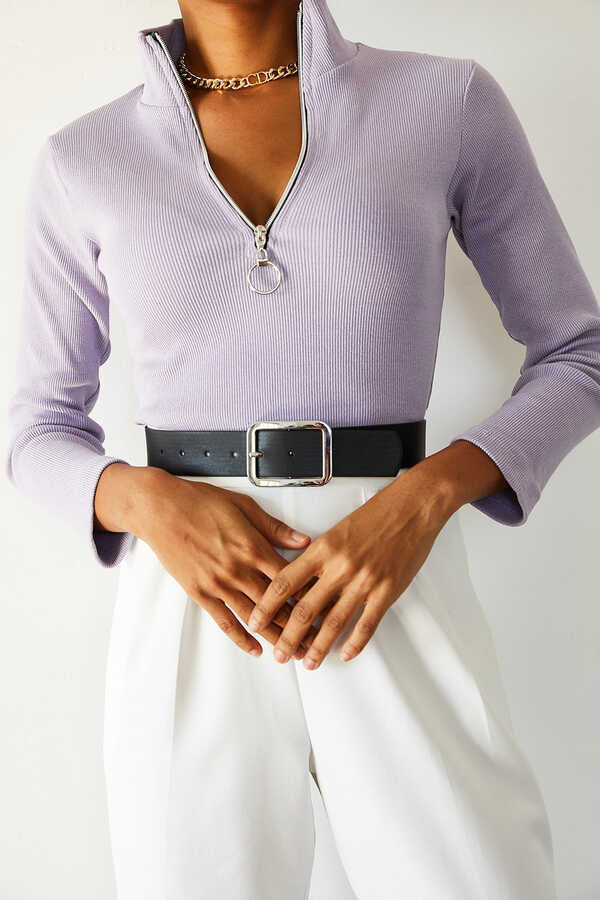 Image of Women's Zip Collar Lilac Rib Blouse