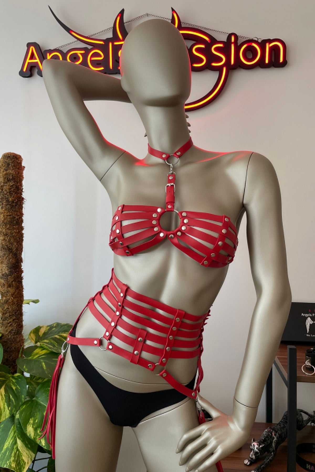 Image of Women's Fringe Detail Red Leather Corset Bra & Harness Set
