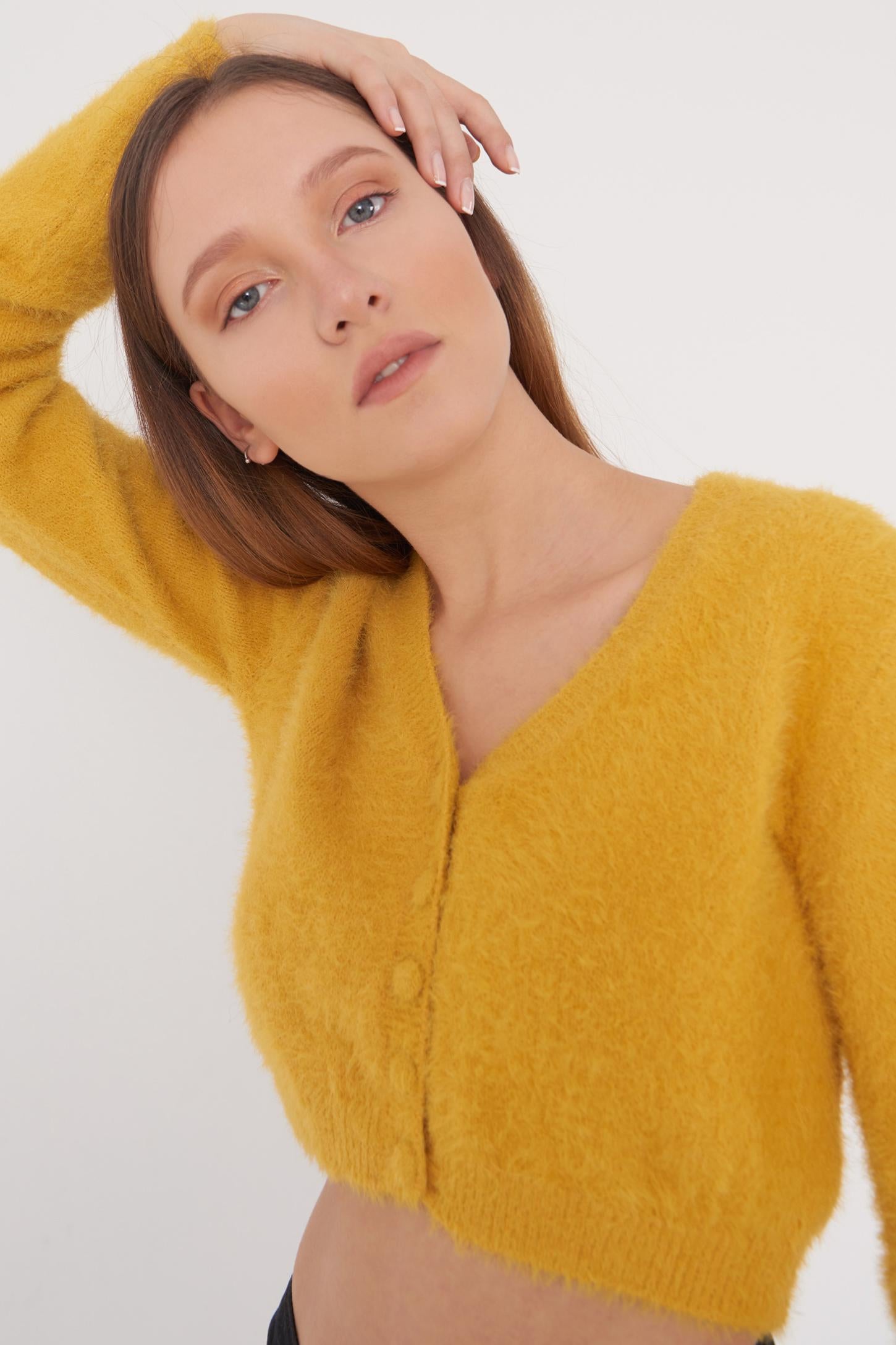 Image of Women's Hairy Yellow Crop Cardigan
