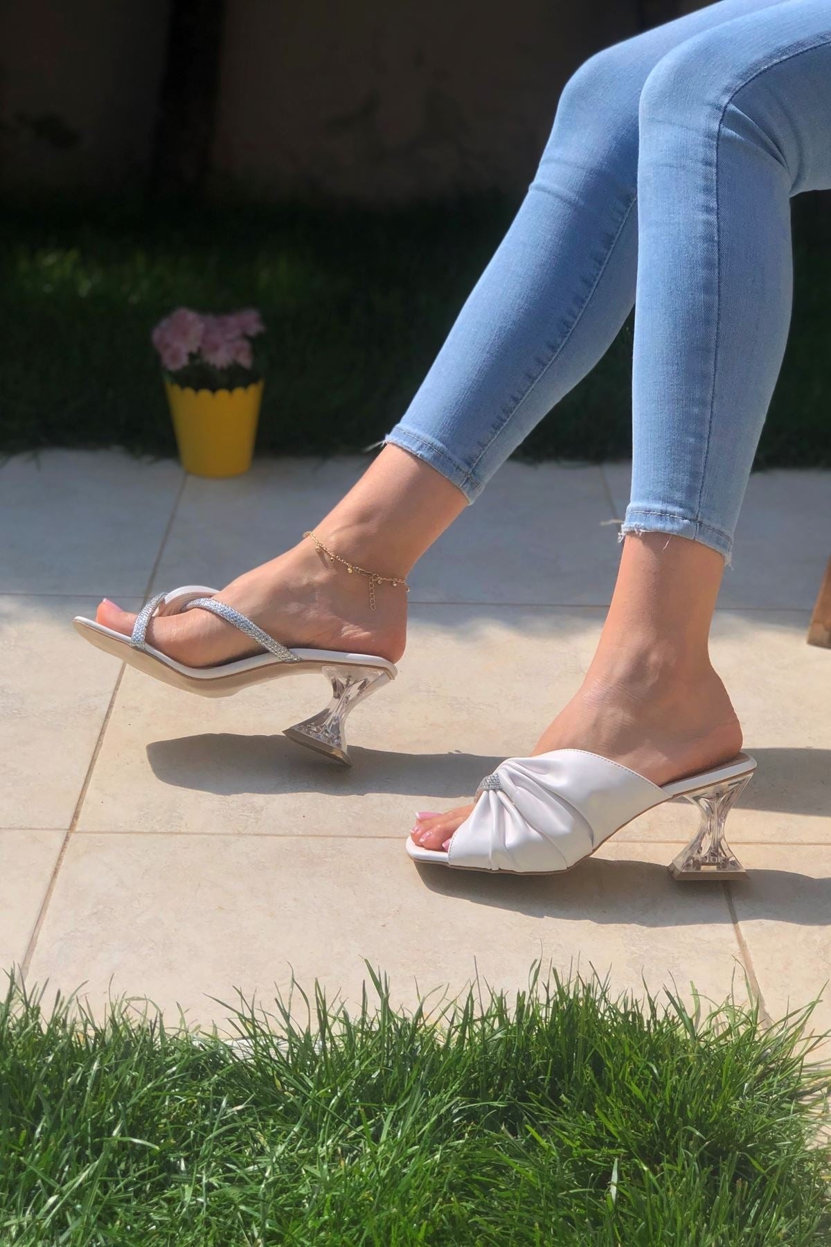 Image of Women's Gemmed White Heeled Slippers