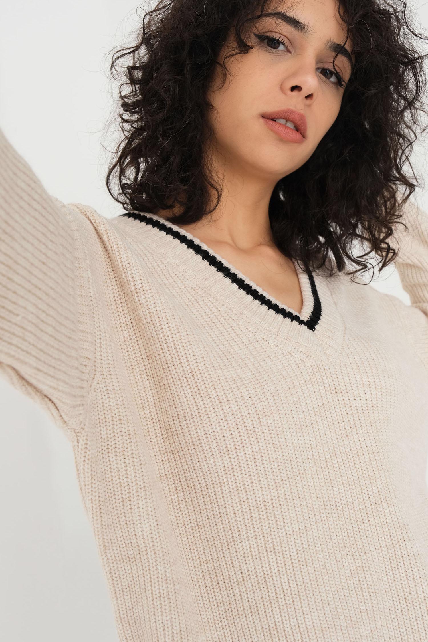 Image of Women's V Neck Beige Sweater