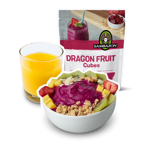 dragon fruit cube bowl and orange juice