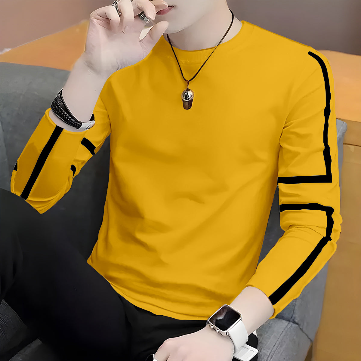 Men Mustard And Black Stripped T Shirt Gespoo