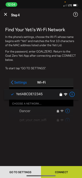 Yeti App screenshot - Find Your Yeti's Wi-Fi Network.
