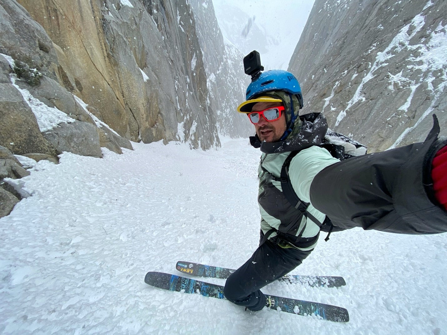 Skiing the first descent of a 6000 foot couloir in the Karakoram.