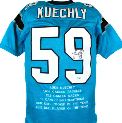 Luke Kuechly Autographed Light Blue Pro Style Stat Jersey-Beckett W Hologram