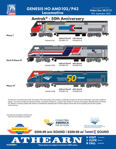 Athearn Genesis HO Scale Amtrak P42 50th Anniversary Diesels