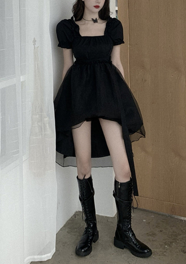 Black Puff Sleeve Irregular Hem Midi Lolita Dress – Msdark