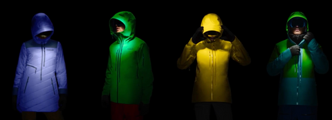 People wearing Norrona Lofoten ski and snowboard jackets on a black background