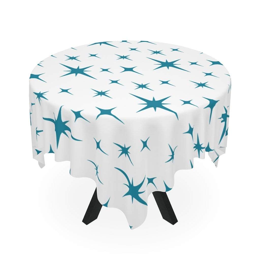 RetroMaggie Tablecloth One size / White Vintage Retro 1950s Mid Century Modern Turquoise & White Atomic Starburst Table Cloth