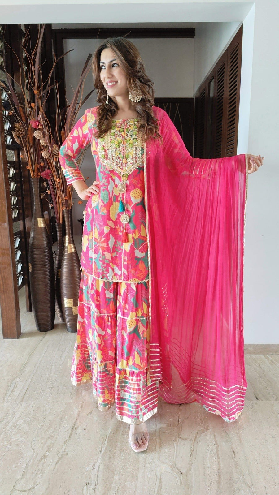 Sonam Bajwa Dark Teal Georgette Sharara Style Suit - Vega Fashion - 3701370