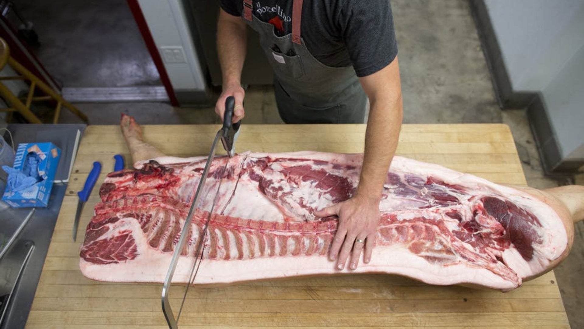 A picture shot from above looking down at a person using a saw to butcher the mid section of half a pig on a butcher table.