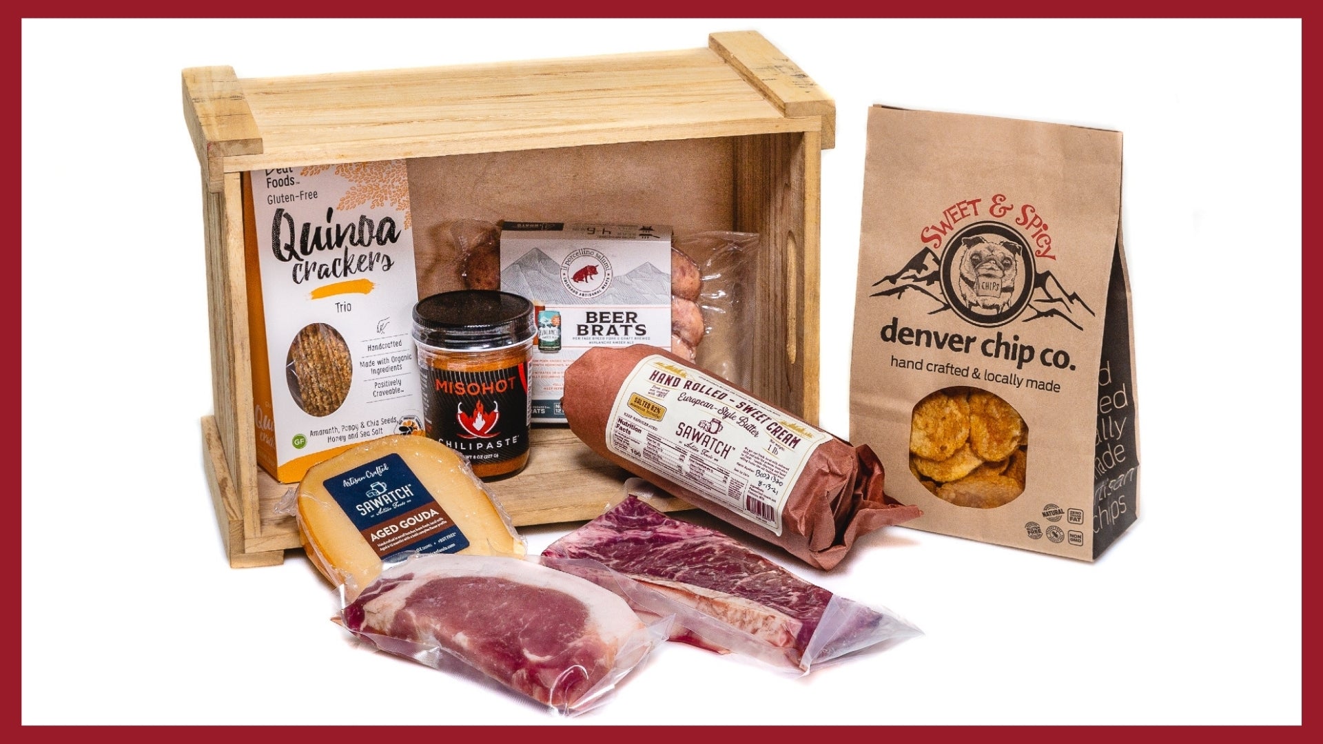 A picture of products in a CSA box from il porcellino salumi which includes whole muscle meat, crackers, salami and more.
