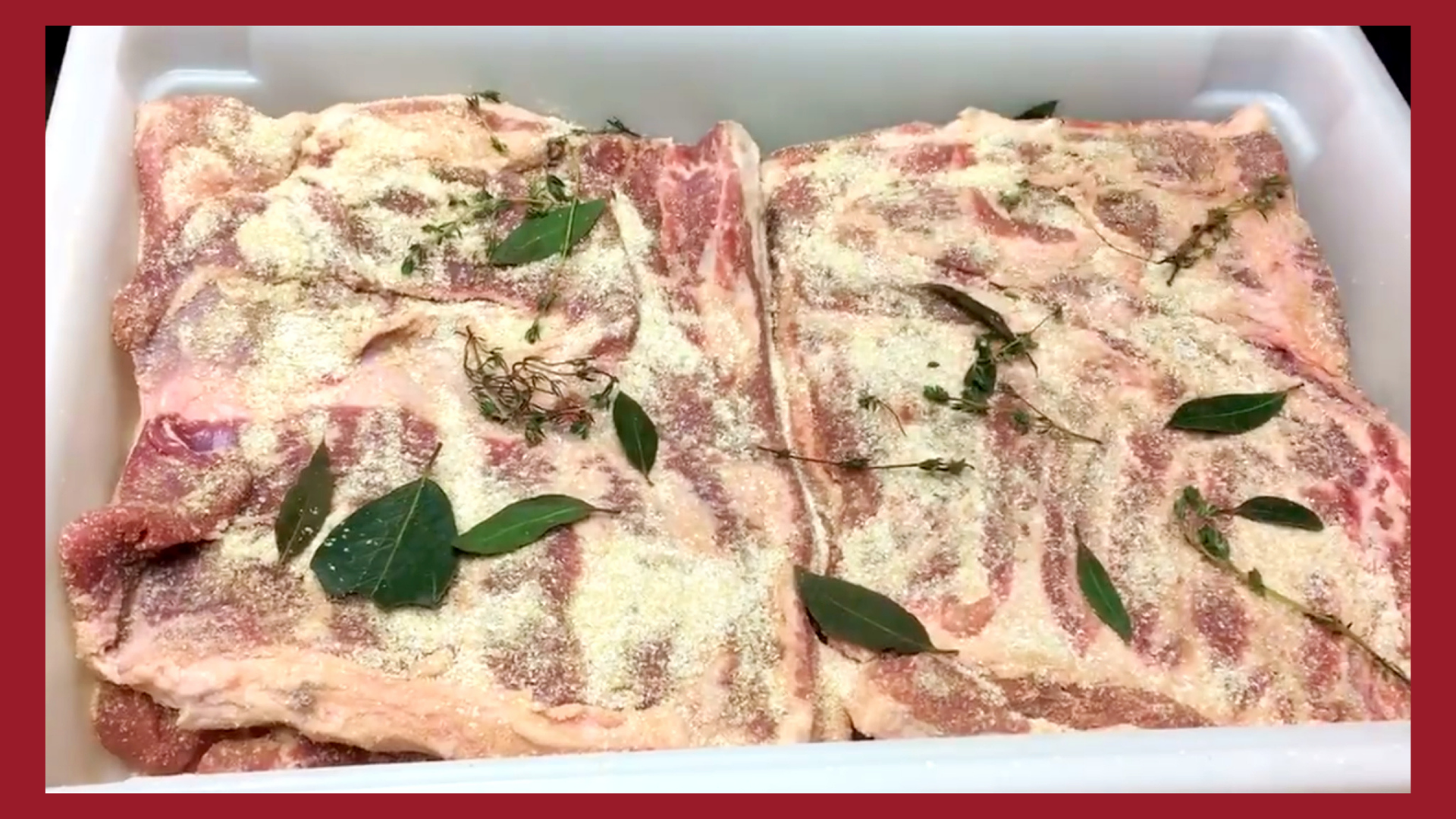 Several pork bellies in a tub being prepared with a dry-rub in order to cure the pork bellies for bacon.