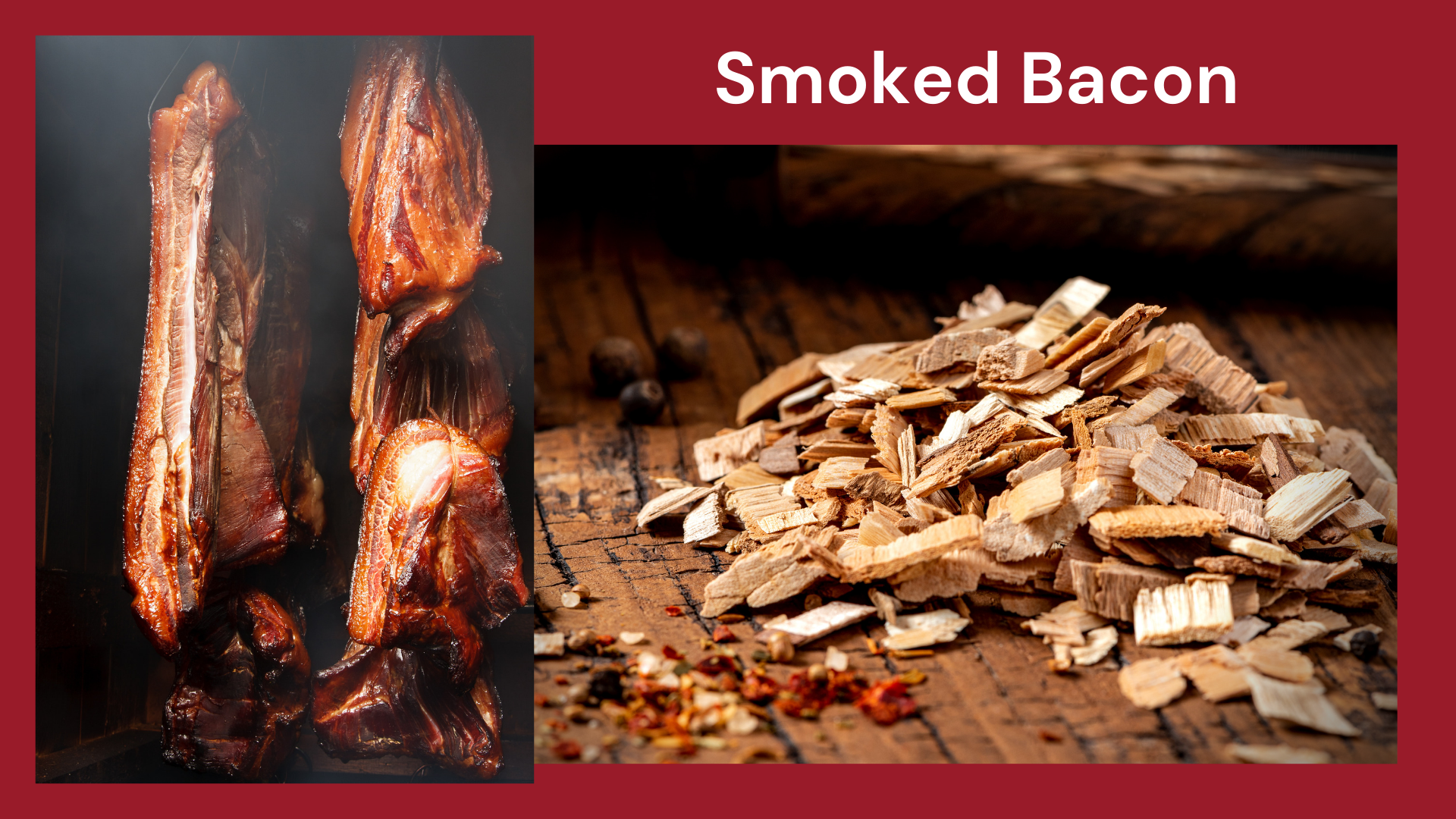 An image that shows smoked bacon and meat next to a picture of wood chips that are used for smoking meat. 