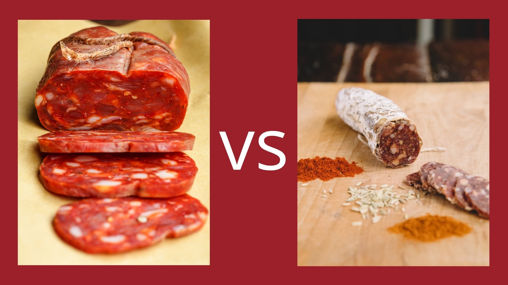 An image with a flattened soppressata salami on the left and a cylindrical salami on the right to show the difference between their shapes.