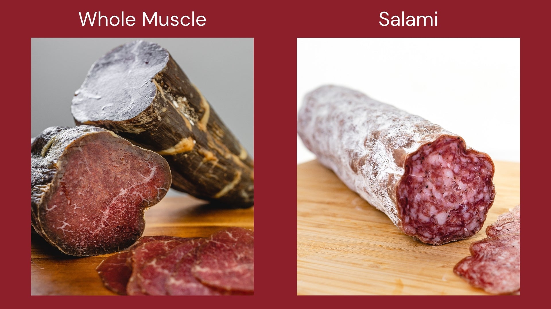 An image with pictures of whole muscle beef bresaola and a chub of salami to show the difference between the two cured meats.