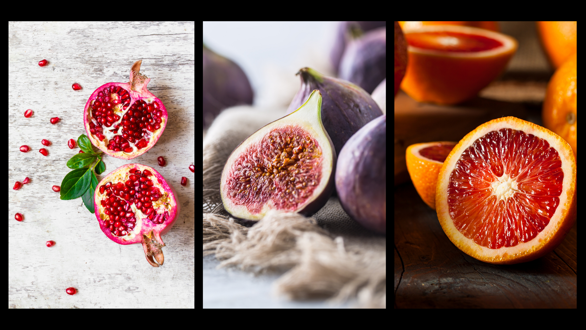 An image that combines pictures of pomegranates, figs and blood oranges that are used on a holiday charcuterie board.  