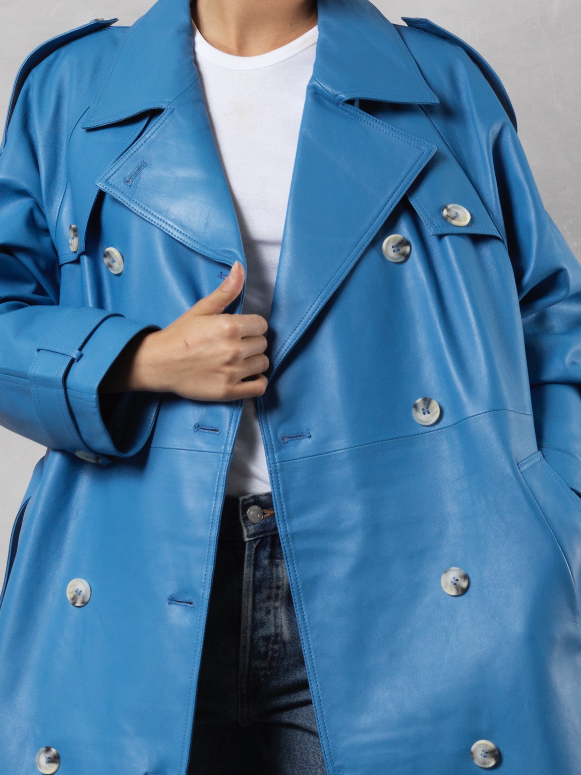 LEATHER TRENCHCOAT - SKY BLUE