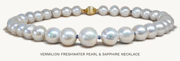 vermilion freshwater pearl and blue sapphire necklace