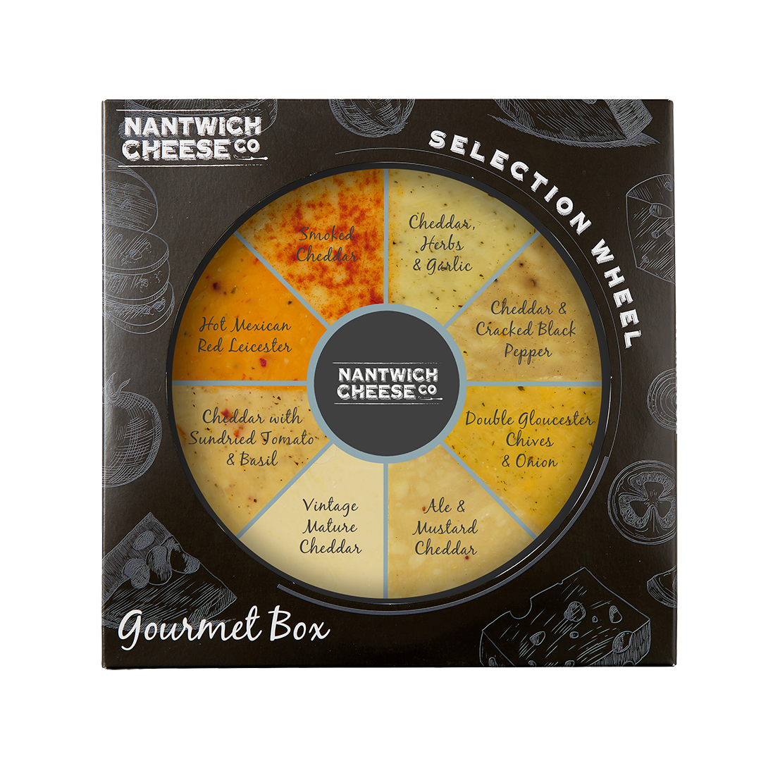 gourmet cheese selection wheel gift present family dinner party friends cheddar cheese cheeseboard herbs garlic pepper double gloucester chives onion ale mustard vintage mature tomato basil hot mexican red leicester smokey valentines fathers day mothers christmas secret santa