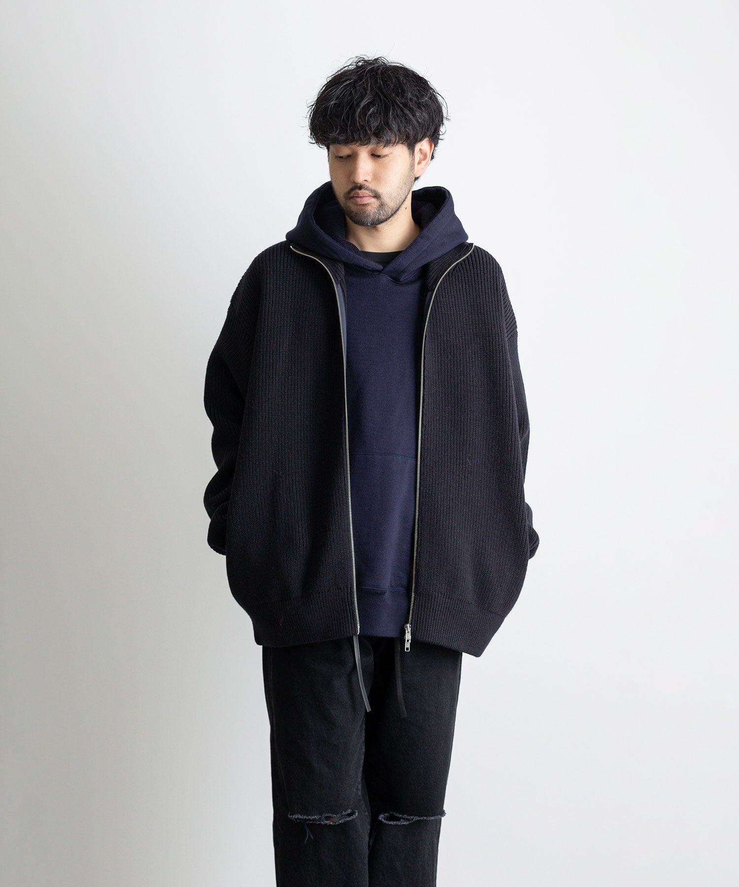 stein / シュタイン】OVERSIZED DRIVERS KNIT ZIP JACKET - DARK NAVY