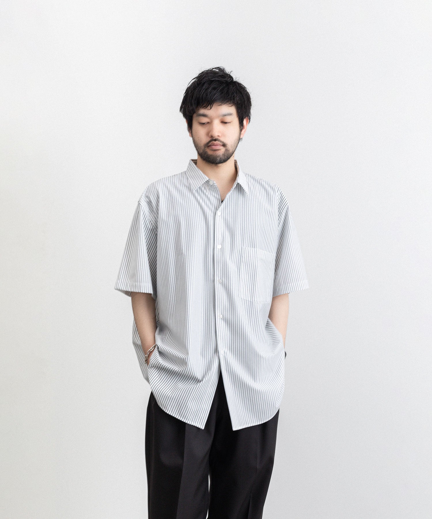 KANEMASA】PENCIL STRIPE DRESS JERSEY SHORT SLEEVE SHIRT - WHITE