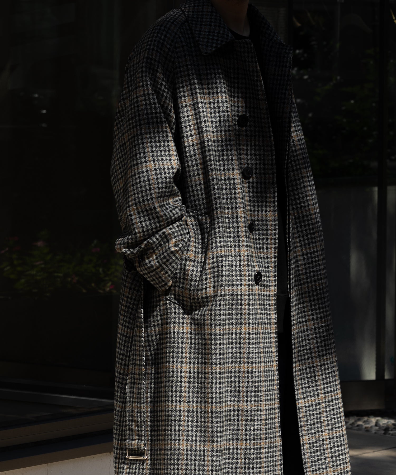 INTÉRIM】HYPER BIG LOVAT TWEED SINGLE RANGE BELTED OVER COAT - BLK