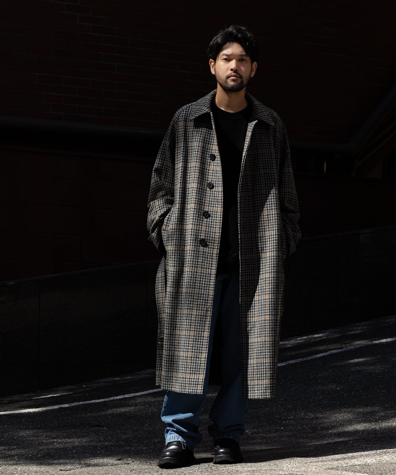 INTÉRIM】HYPER BIG LOVAT TWEED SINGLE RANGE BELTED OVER COAT - BLK