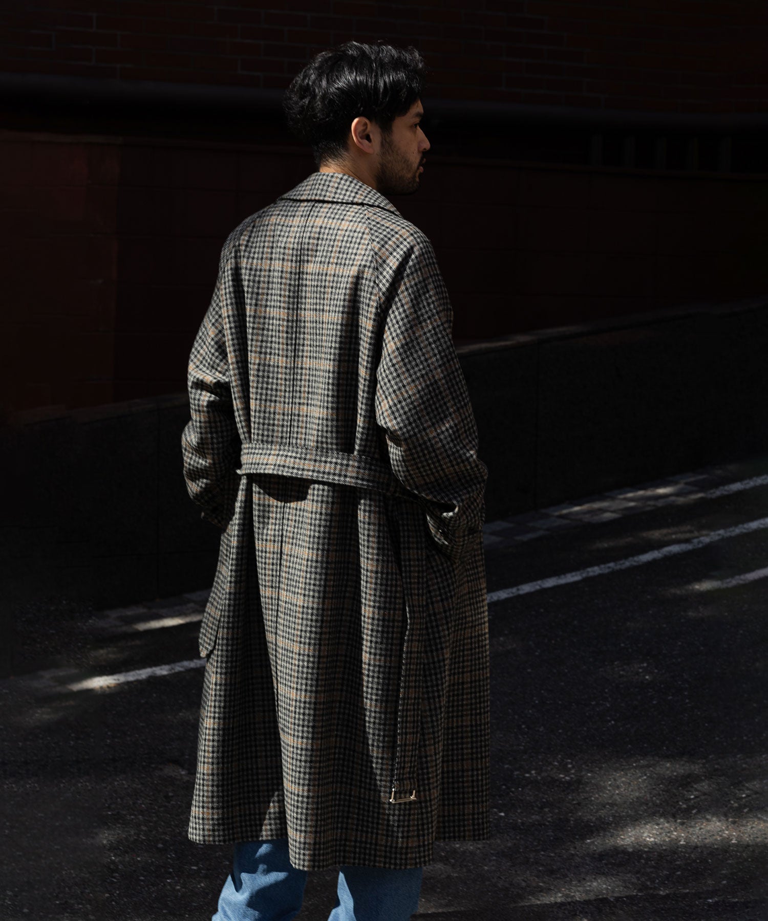 INTÉRIM】HYPER BIG LOVAT TWEED SINGLE RANGE BELTED OVER COAT - BLK