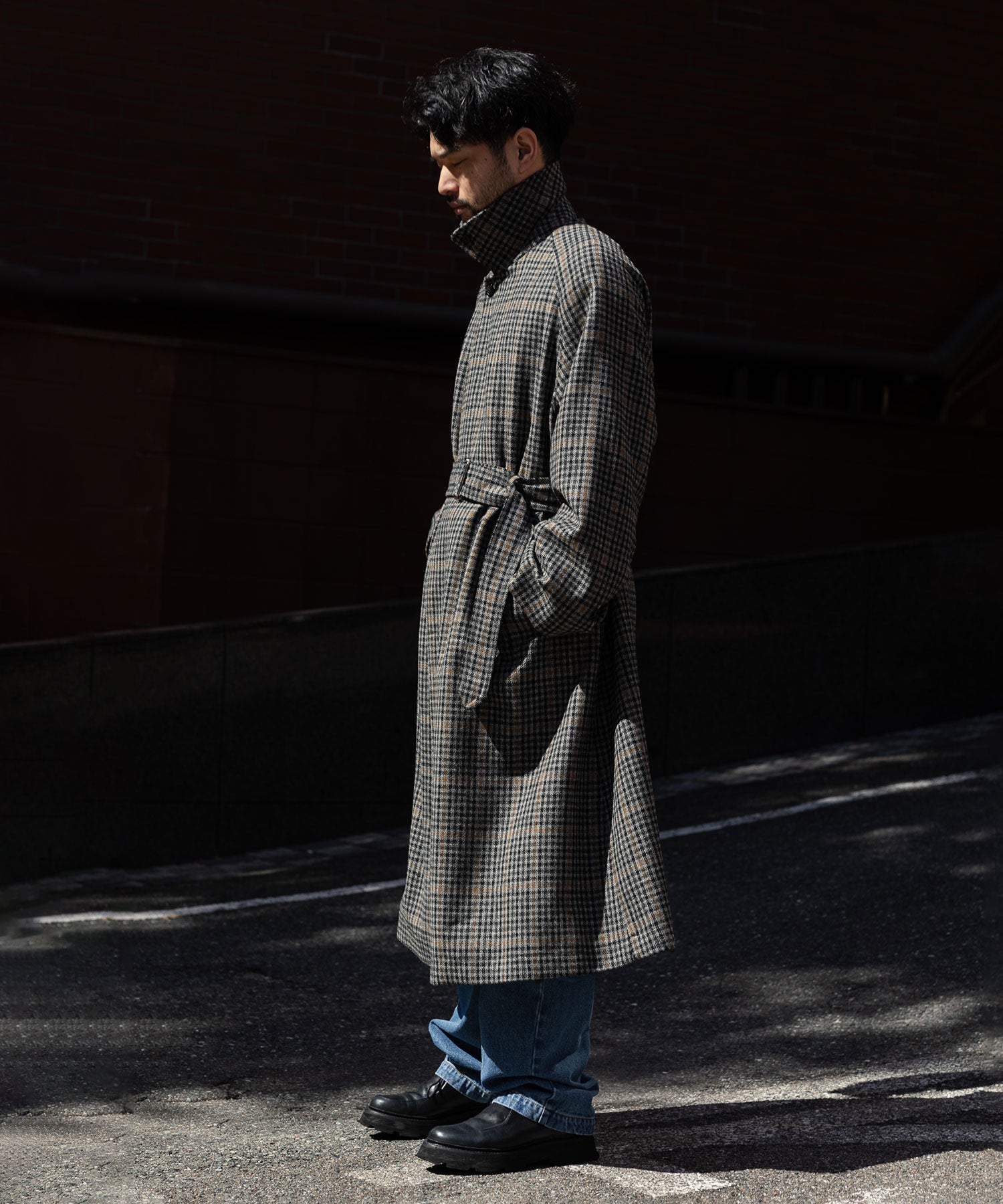 INTÉRIM】HYPER BIG LOVAT TWEED SINGLE RANGE BELTED OVER COAT - BLK