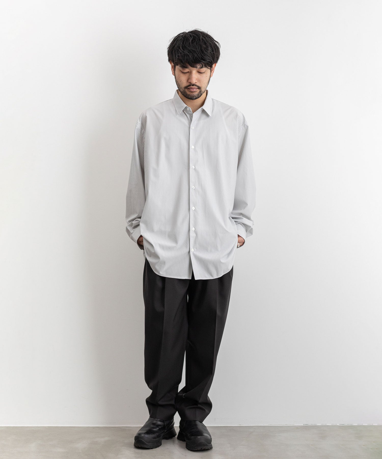 KANEMASA】PENCIL STRIPE DRESS JERSEY SHIRT - LIGHT GRAY×WHITE