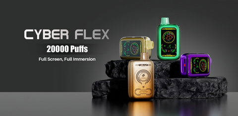 "Image showing four Cyber Flex vape devices in various colors (gold, green, and purple) arranged on a sleek black stone platform. Each device boasts a full-screen digital interface. The accompanying text highlights the product's key features: 'CYBER FLEX 20000 Puffs' and 'Full Screen, Full Immersion.'"