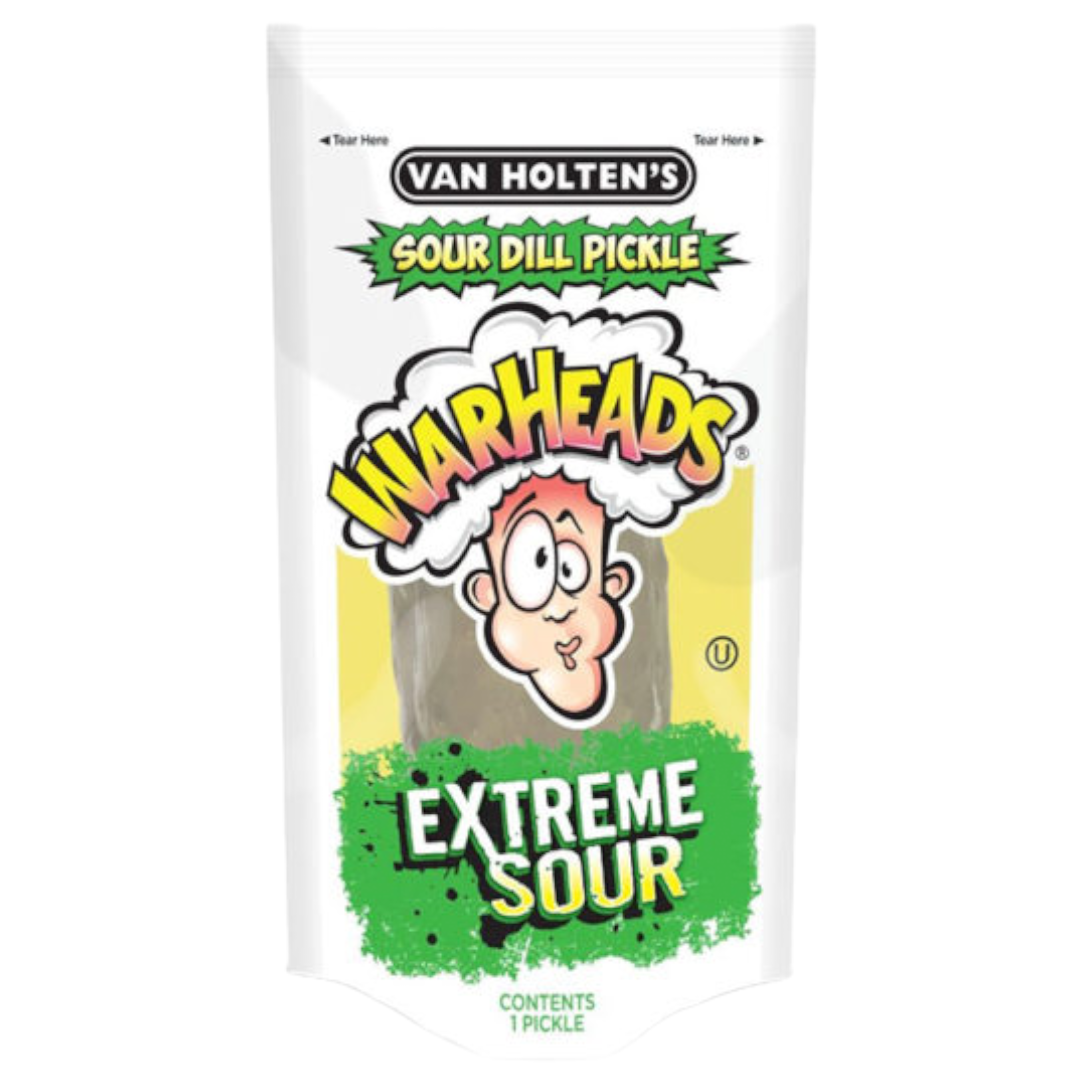 Image of *BRAND NEW* Van Holten's Jumbo Warheads Extreme Sour Dill Pickle In-a-Pouch tew e Toar Hors VAN HOLTENS CONTENTS 1PICKLE 