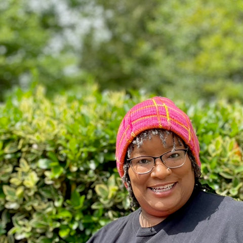 Laverne “Ms. Peach” Benton wearing Broadway Beanie in Dragon Fruit, Summer in the Orchard and Chojuro Asian Pear 50/50 Cotton/Wool DK Weight