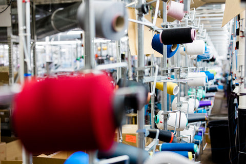 Yarn on a machine in a sock factory