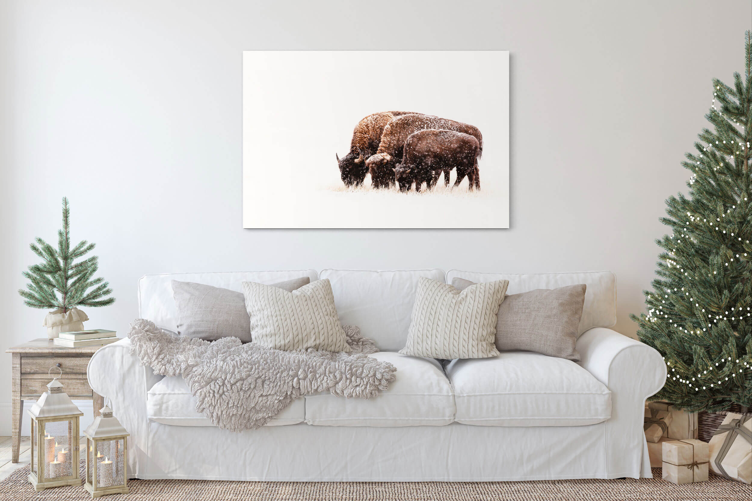 A bison picture hangs in a living room.