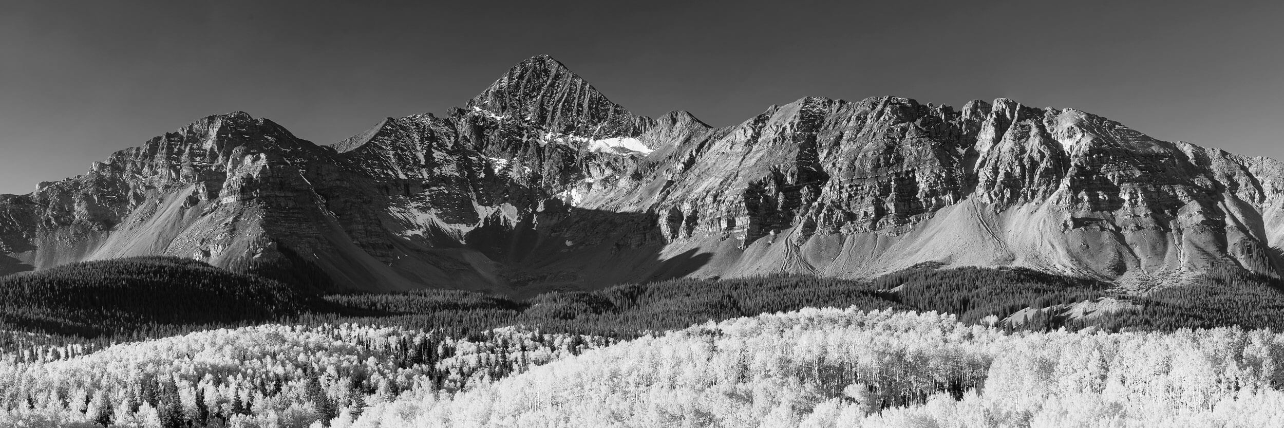 This piece of Telluride art is a black and white photograph of Mount Wilson in fall.