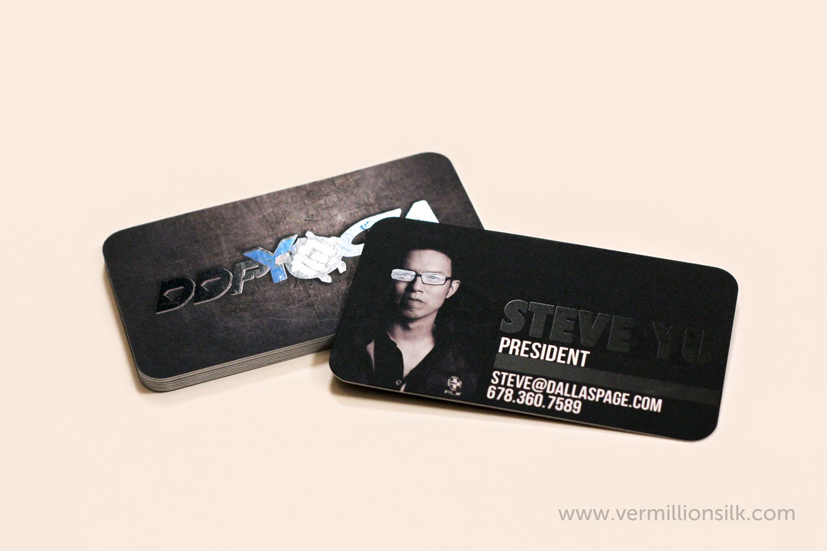 black suede business cards with spot uv varnish and rounded corners