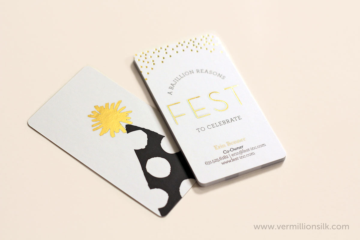 unique white and gold foil business cards with rounded corners and a vertical design