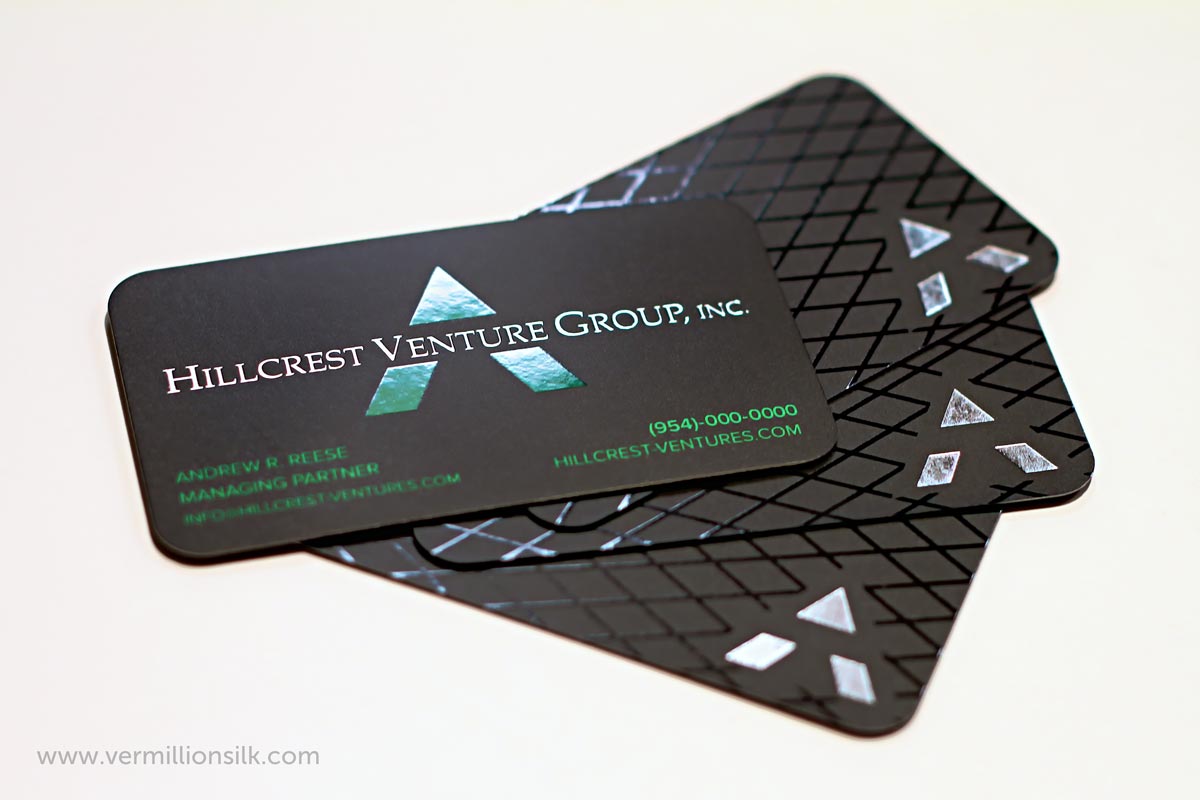 silver foil business cards with spot uv and rounded corners on both sides