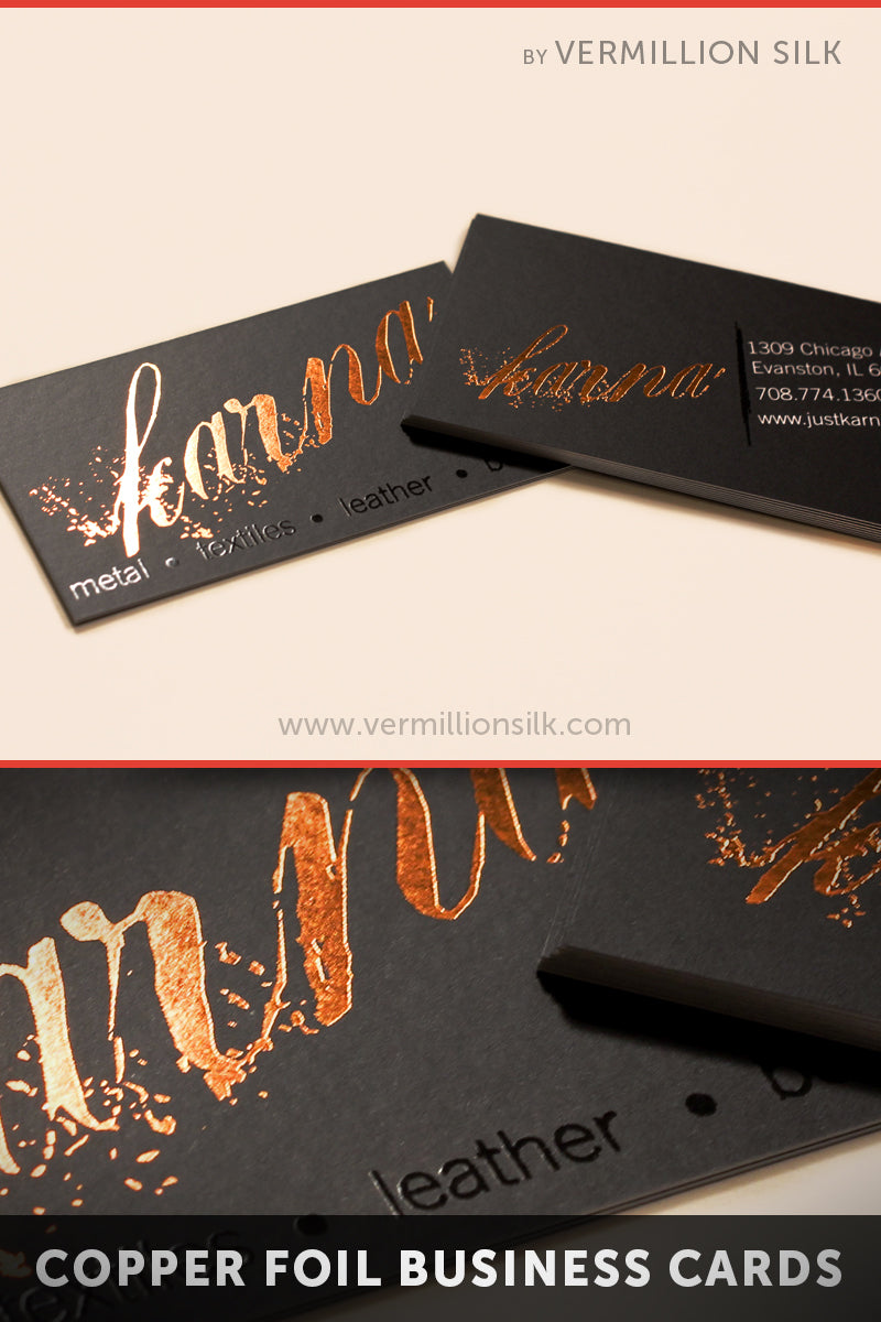 Black business cards with distressed copper foil stamping