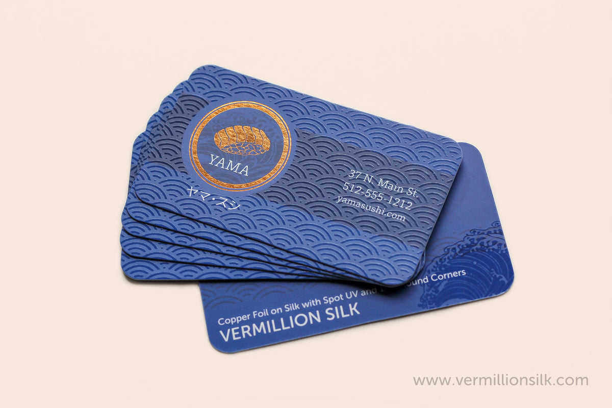 luxury copper foil business cards with blind spot UV and rounded corners