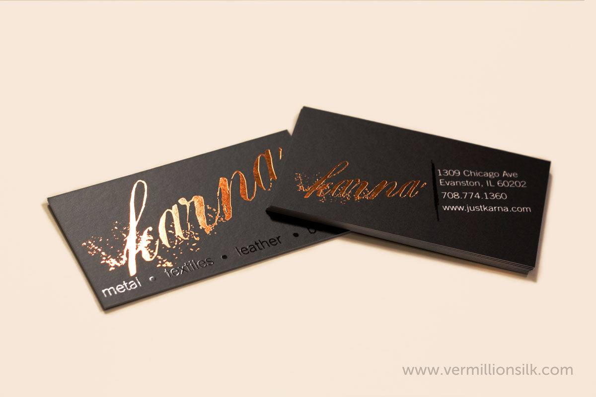 black silk business cards with copper foil and spot uv