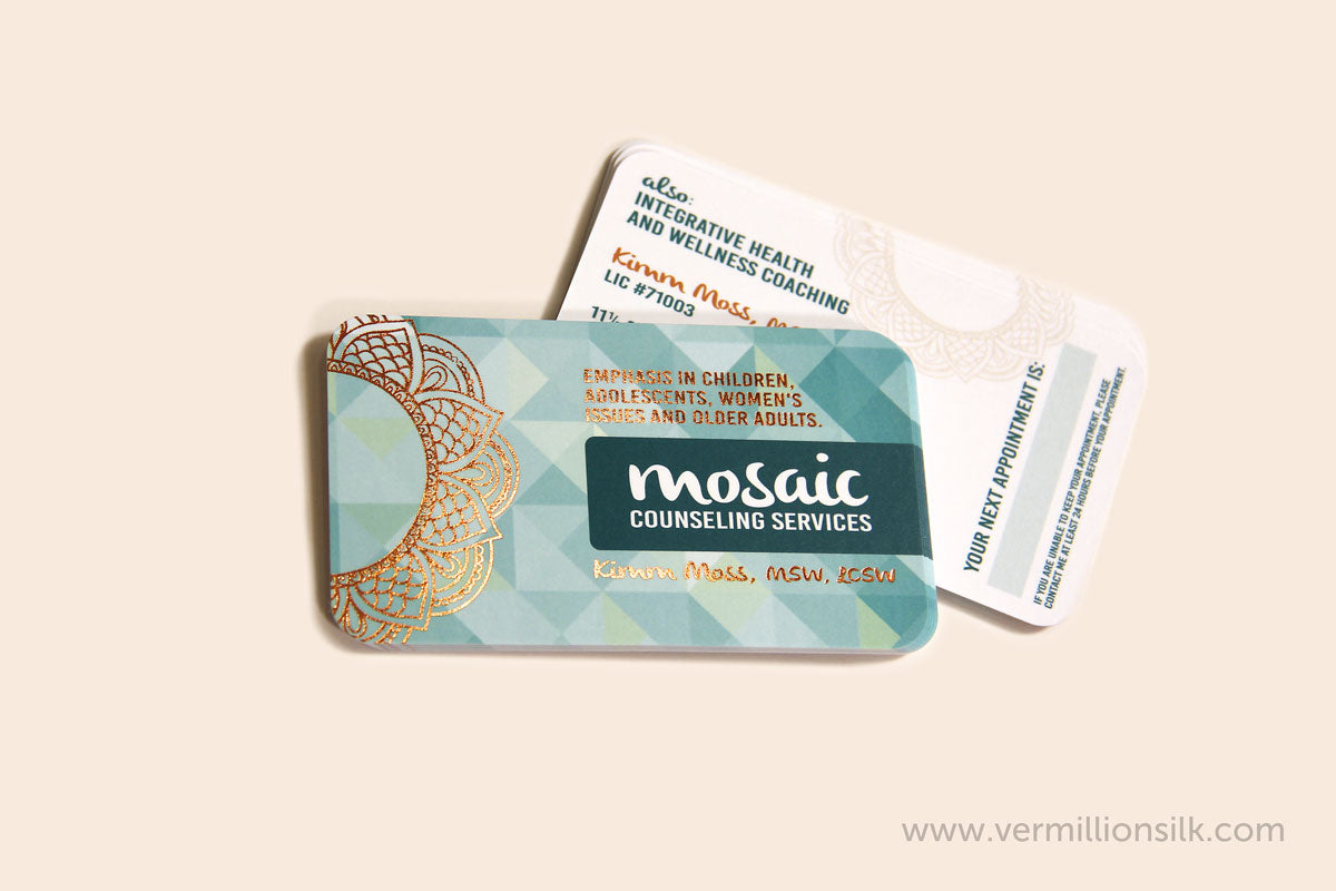 copper foil business cards with silk coating and round corners