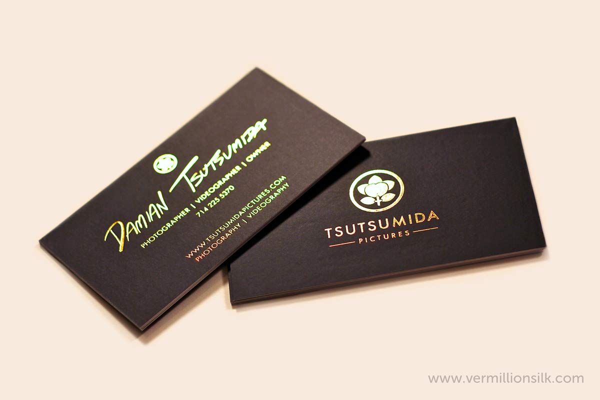 black silk business cards with gold foil stamping