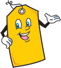 Yellow tag cartoonish character with smile on transparent background